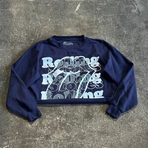 Rolling Stones Crop Top Crewneck Sweatshirt Womens M Blue Rock Band Sweater